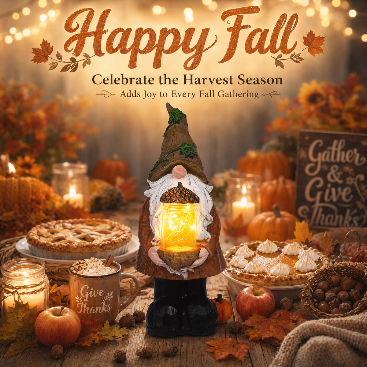 Topadorn Lighted Fall Garden Gnome with LED Acorn Jar, Resin Harvest Decor