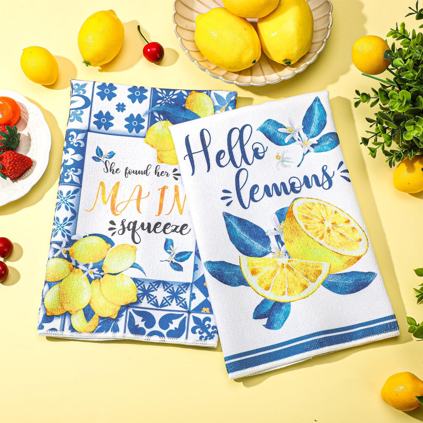 Sratte 6 Pcs Lemon Kitchen Towels 24 x 16 Inch Capri Tiles Lemon Tea Dishtowels Farmhouse Absorbent Blue Yellow Hand Bathroom Towel for Holiday Kitchen Bathroom Amalfi Coast Party Decor Gifts