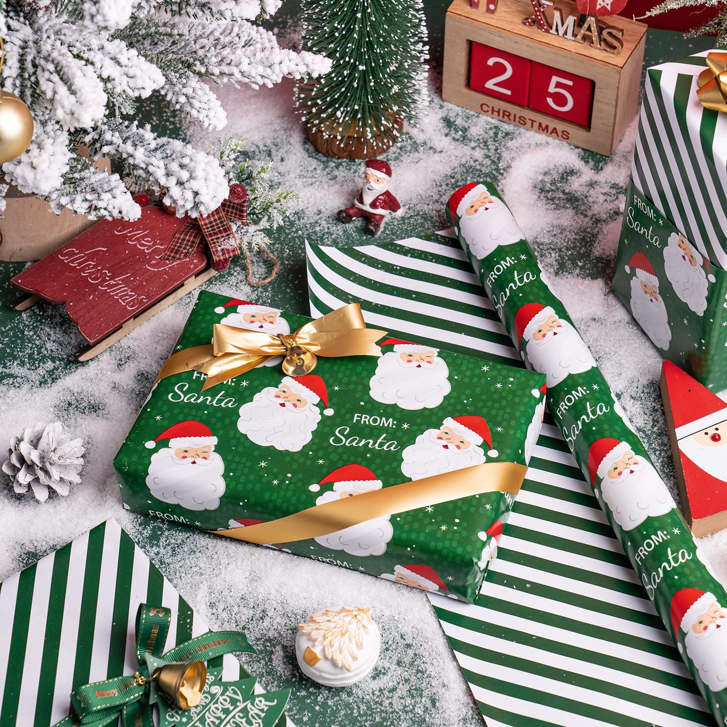 Reversible Christmas Wrapping Paper - Mini Roll - 17 Inch x 33 Feet - Green Santa Wrapping Paper and Stripe Perfect for Christmas, Holiday, Party Celebration
