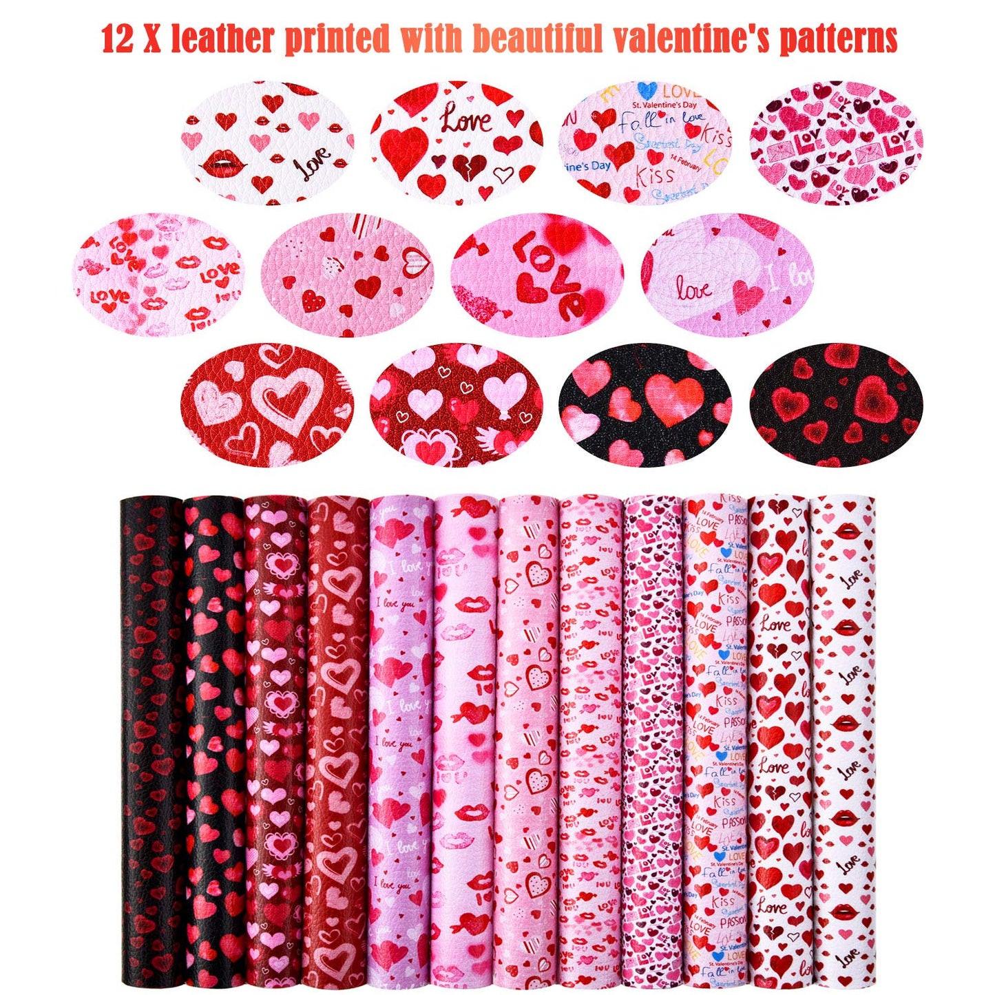 12 Packs Valentine's Day Faux Leather Sheets for Crafts with Heart Love Pattern Prints and Fabric Canvas Back for Valentine's Day DIY Crafts Decor, 6.3 x 8.3 Inch