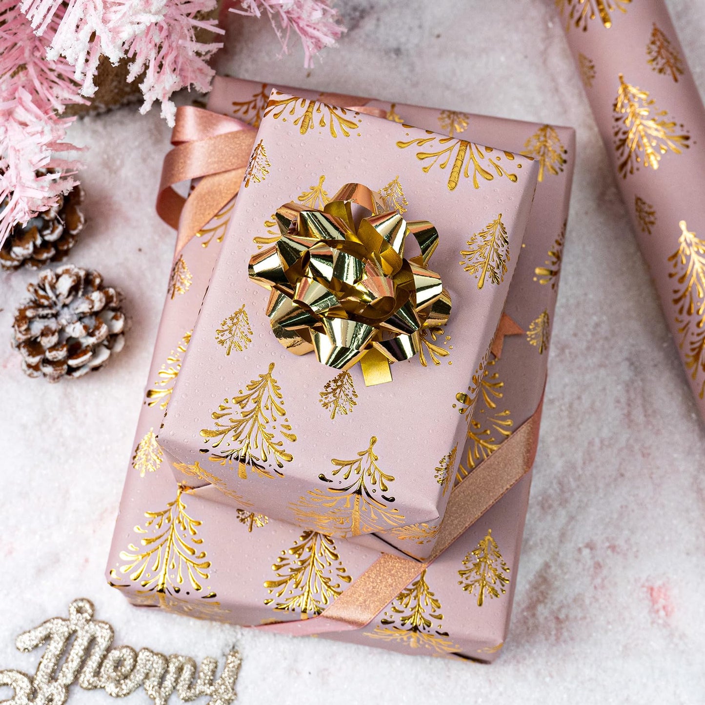 Kraft Christmas Wrapping Paper-Pink 3D Embossed Gold Foil Christmas Pine Tree with Woodlands for Chrsitmas, Holiday, Party,Celebration (17 Inch X 32.8 Feet)