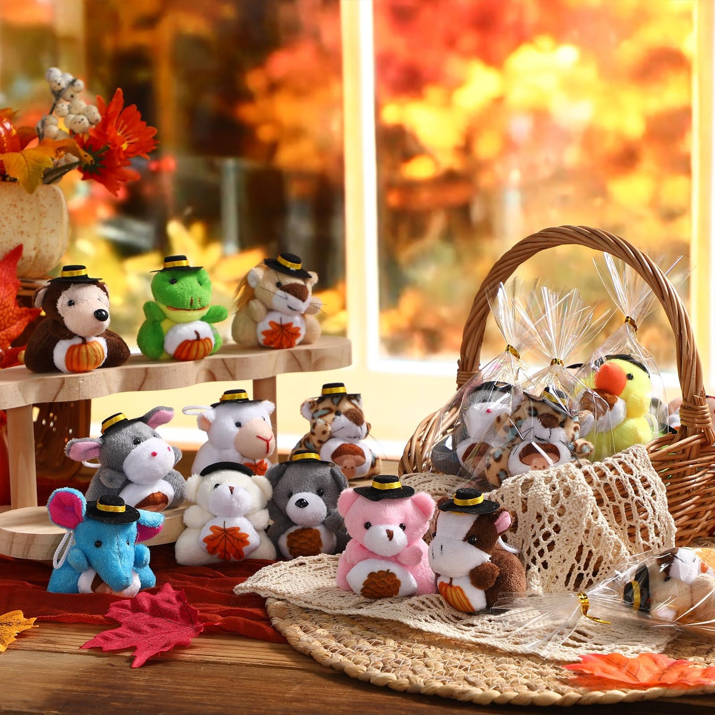 24 Mini Thanksgiving Stuffed Animal Set Fall Small Thanksgiving Stuffed Animal Bulk Autumn Plush Toy Keychain Decor for Fall Party Favors Tree Ornament Goodie Bag Fillers Gift 3 Inch