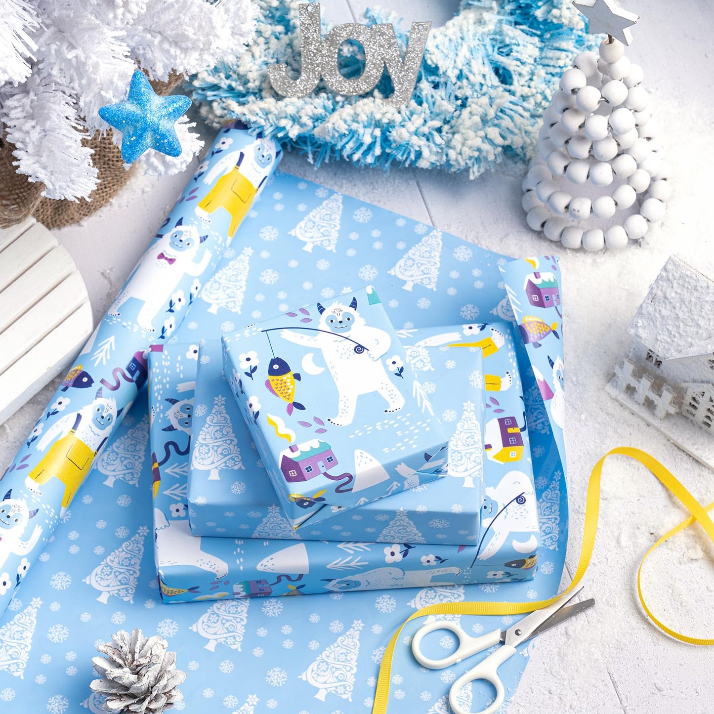 Reversible Christmas Wrapping Paper - Mini Roll - 17 Inch x 33 Feet - Winter Snow Monster and Christmas Tree Wrapping Paper for Xmas Holiday, Party Celebration