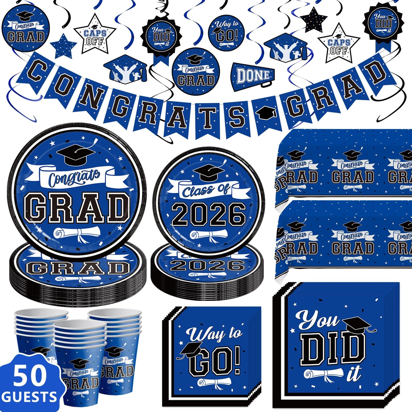 DAZONGE Graduation Decorations 2026 Blue, 265pcs Graduation Party Decorations 2026, Disposable Tableware Set for 50 Guests, Plates, Cups, Tablecloth with Congrats Grad Hanging Decor
