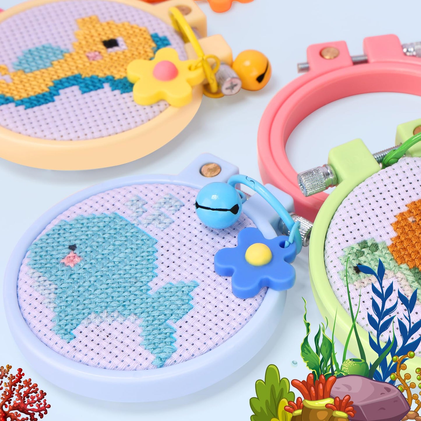 6 Pieces Sea Animal Cross Stitch Kit for Kids with Stamped Aida Cloth, Embroidery Hoops, Keychains, Embroidery Tools and Instructions for Beginners DIY Craft Ornament