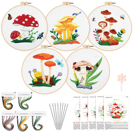 5 Sets Mushroom Embroidery Kit for Beginners with Pattern and Instructions Include Embroidery Cloth Hoops Threads for Craft Lover Hand Stitch DIY Adult Hand Needlepoint