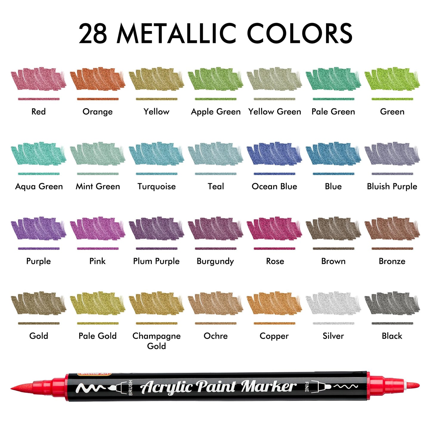 28 Metallic Colors Dual Tip Acrylic Paint Markers, Brush Tip and Fine Tip Acrylic Paint Pens for Rock Painting, Ceramic, Wood, Canvas, Plastic, Glass, Stone, Calligraphy, Card Making, DIY Crafts