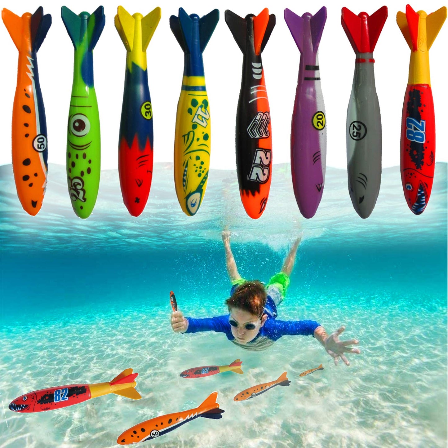Haktoys Pool Diving Toy Set – Sinking Torpedoes for Kids & Adults | Fast-Sinking Pool Torpedo Rockets for Swim Training, Underwater Games & Water Play (Set of 8 Pieces)