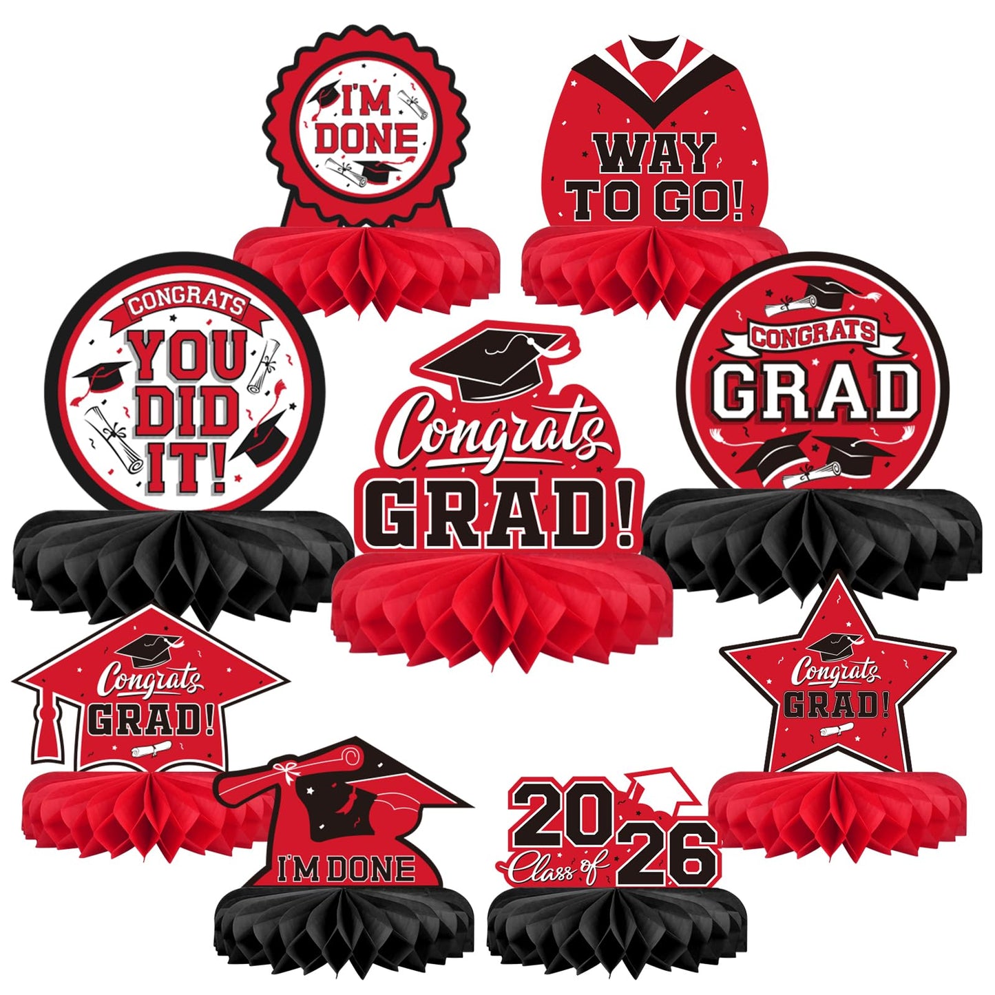 9PCS Graduation Decorations 2026 Congrats Grad Table Centerpiece Congratulate Graduation Honeycomb Table Toppers for Graduation Party Supplies(Red,Black）