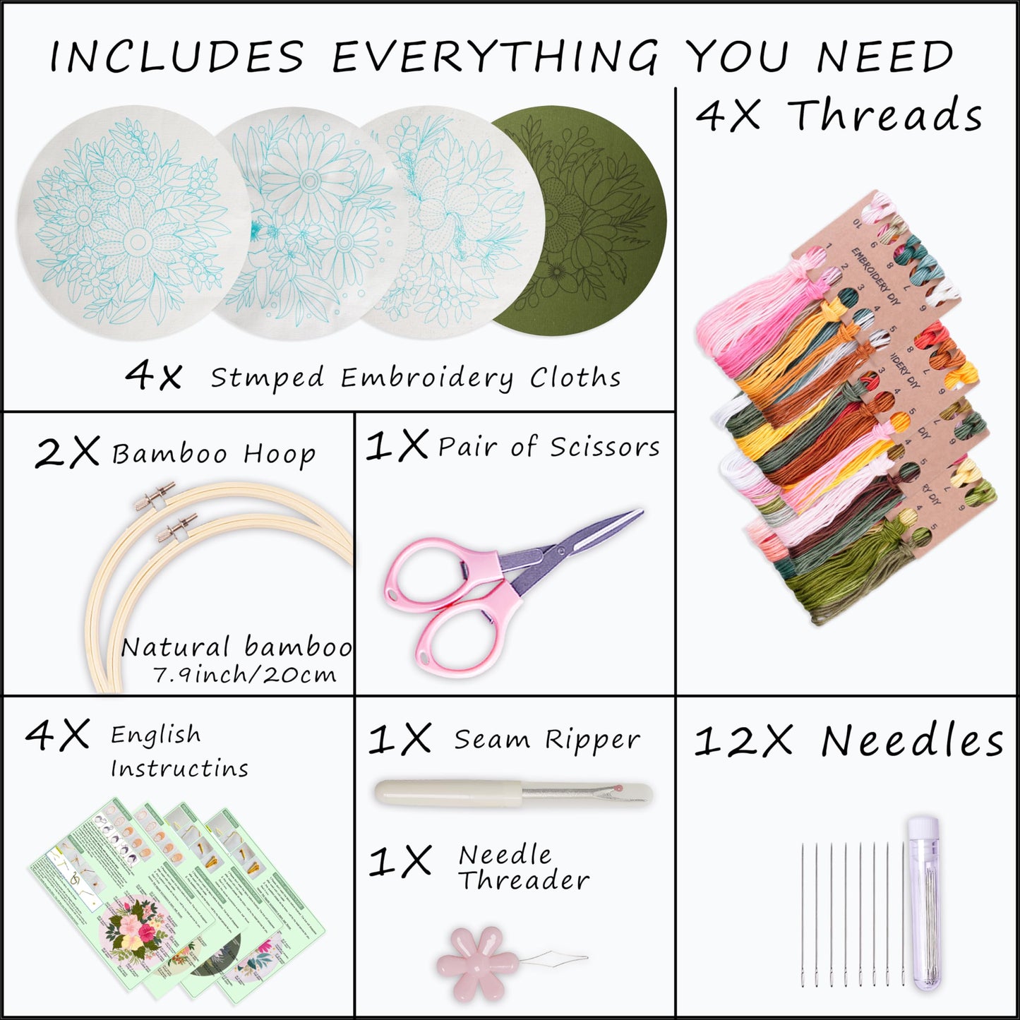 4 Sets Embroidery Set for Beginners, Art Craft, Easy Sewing Embroidery Kit Includes Embroidered Clothes with Patterns, Embroidery Hoops, Instruction Manual, Color Stitch Set (3)