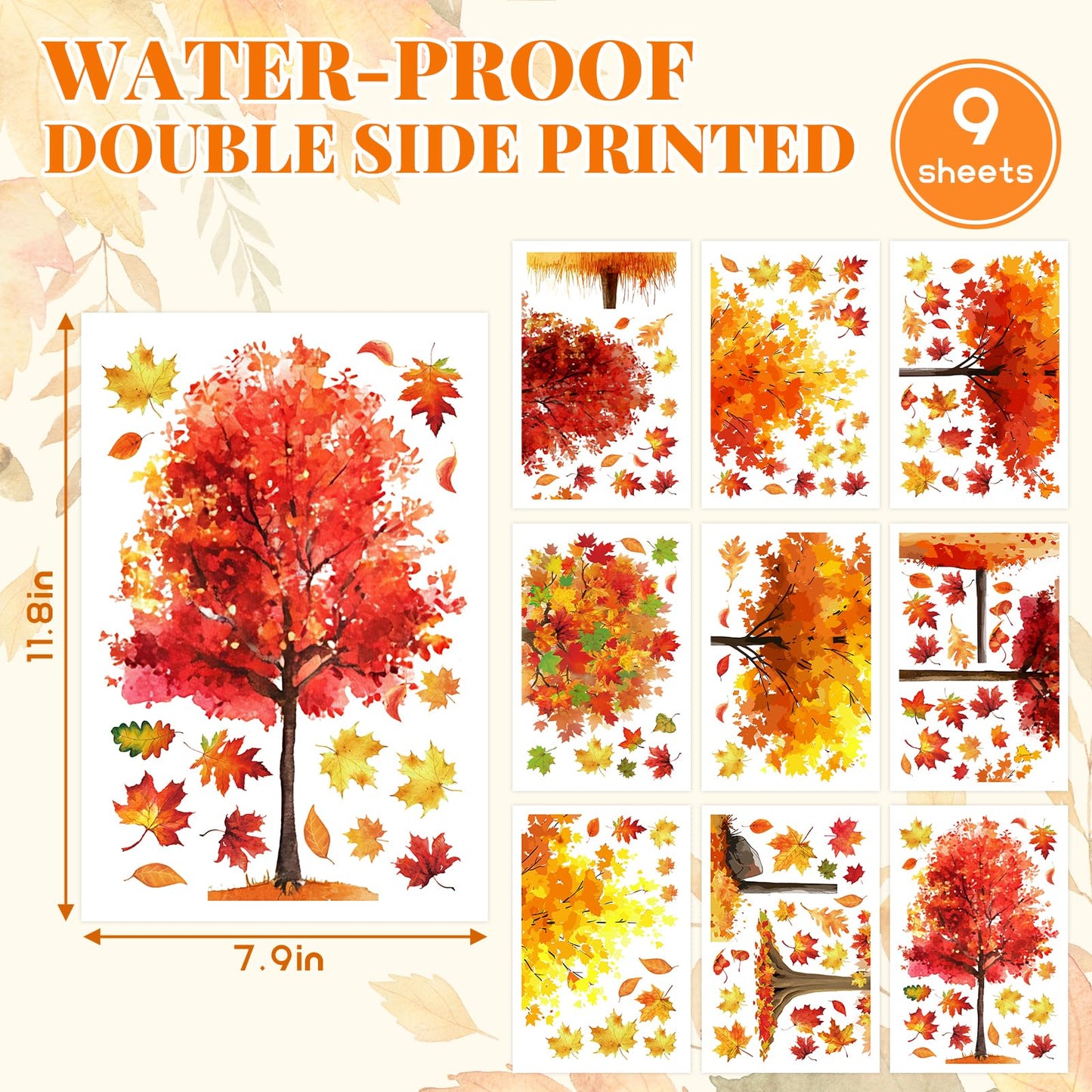 9 Sheets Fall Window Clings Maple Leaves Tree Window Stickers Double-Sided Glass Decals for Autumn Harvest Thanksgiving Home Party Decoration