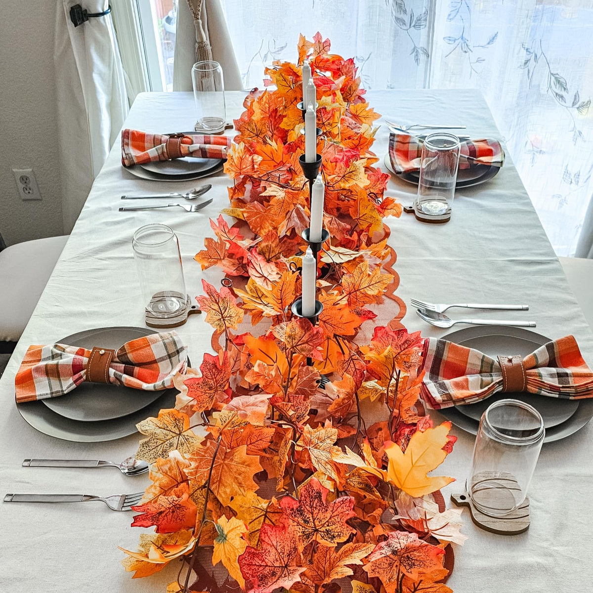 CQURE 8 Pack Fall Leaf Garland, Hanging Fall Vines Autumn Garland Artificial Maple Fall Leaves Thanksgiving Decor for Home Wedding Fireplace Party
