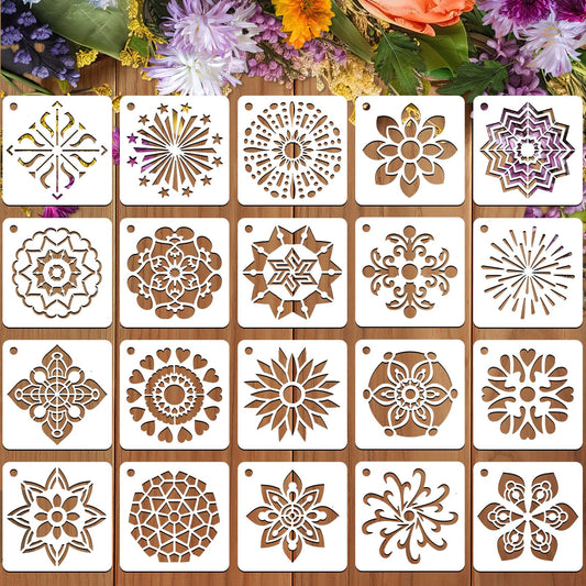 JULMELON 20 PCS Mandala Stencil, 3 Inch Mandala Stencils for Wood, Reusable Plastic Rock Painting Stencils DIY Art Projects Fabric Canvas Wall