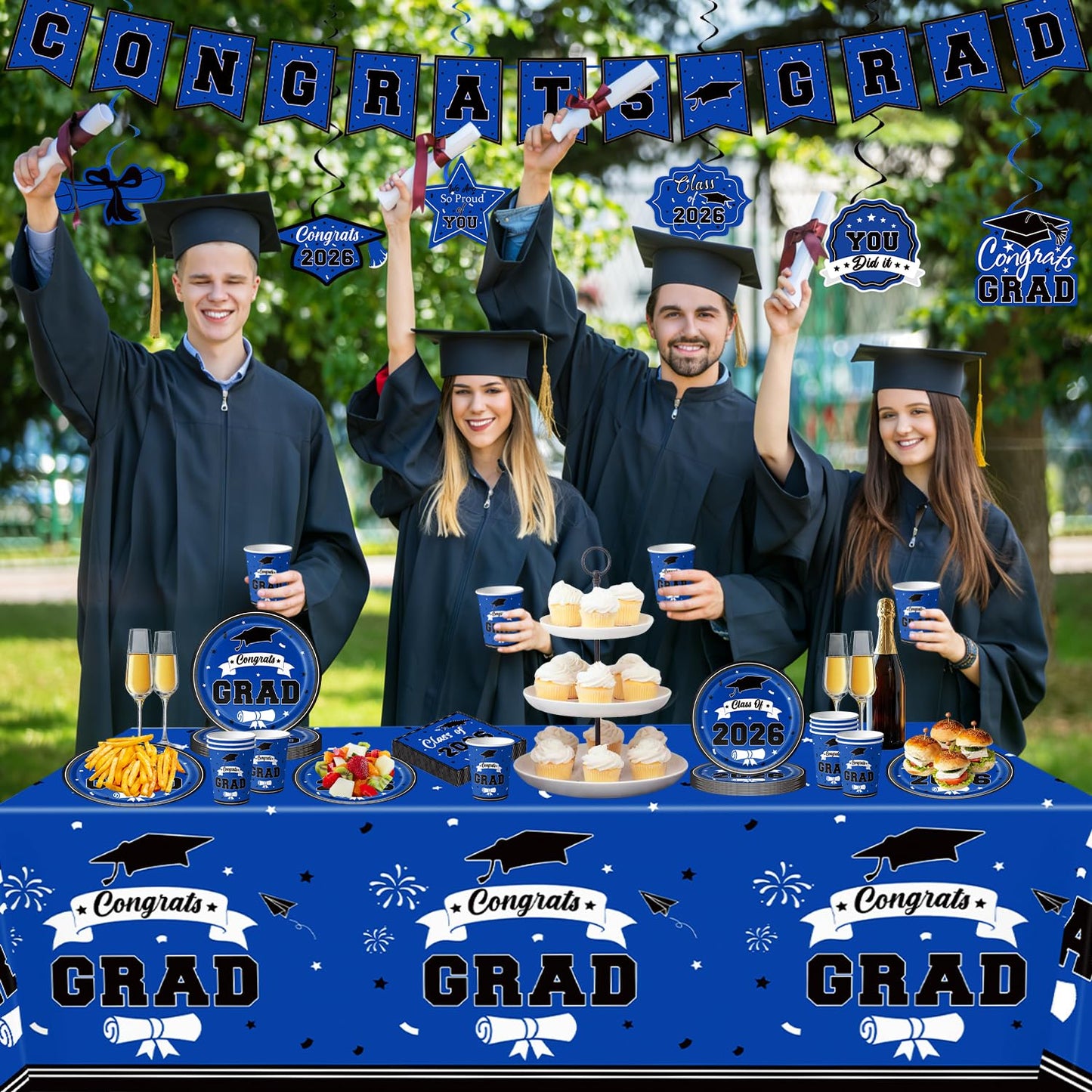 2026 Graduation Decorations for Party, Blue Plates Napkins Cups Tablecloth with Congrats Grad Hanging Decor for 25 Guests, Congratulations Disposable Party Supplies Favors for College & Middle School