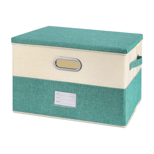 Large Linen Fabric Foldable Storage Bins with Removable Lid and Handles, Washable Storage Box Organizer Containers Baskets Cube with Cover for Bedroom,Closet,Office (Turquoise&Cream, Medium)