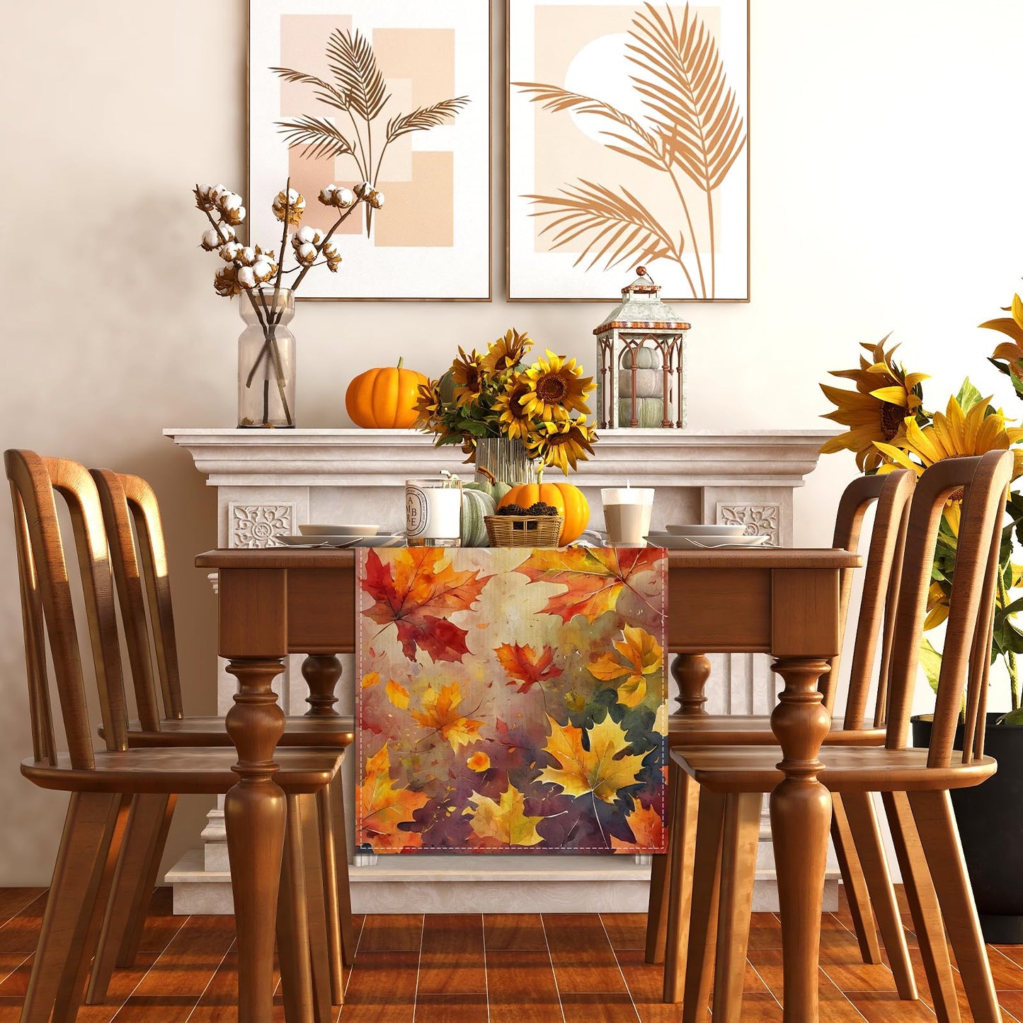 Maple Leaves Fall Table Runner,Autumn Thanksgiving Harvest Festival Farmhouse Decorations and Supplies for Home Kitchen Dining Room Table-13×72''