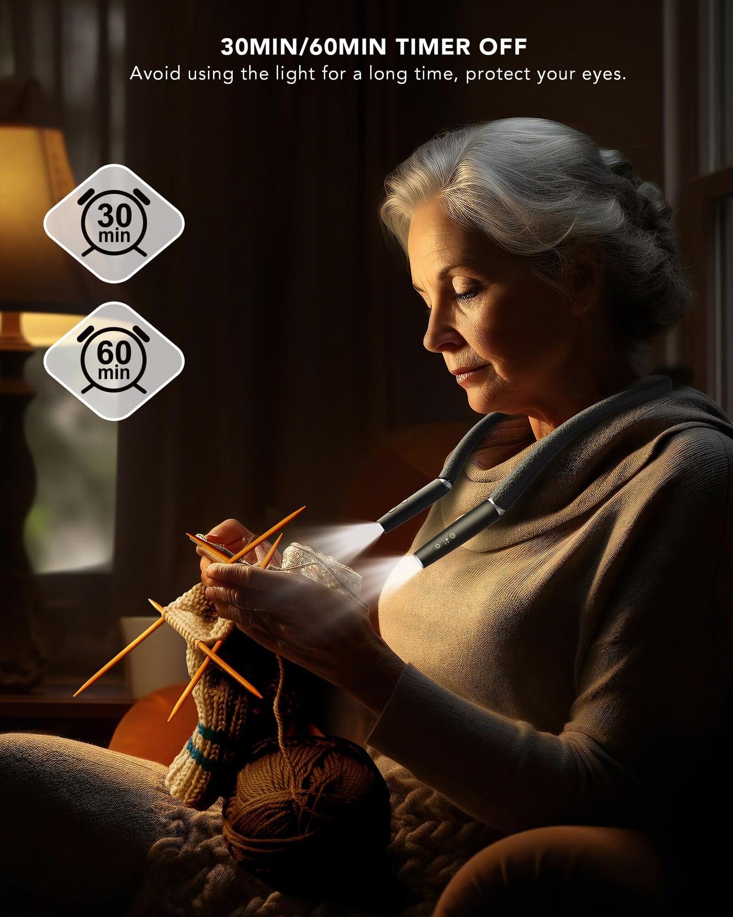 NIVAVA Neck Reading Light, Book Light for Reading in Bed [Steering Shafts Adjustment], Bendable Silicone Arm, Long Lasting LED Rechargeable Knitting Light for Camping, Repair, Crochet & Craft, Black