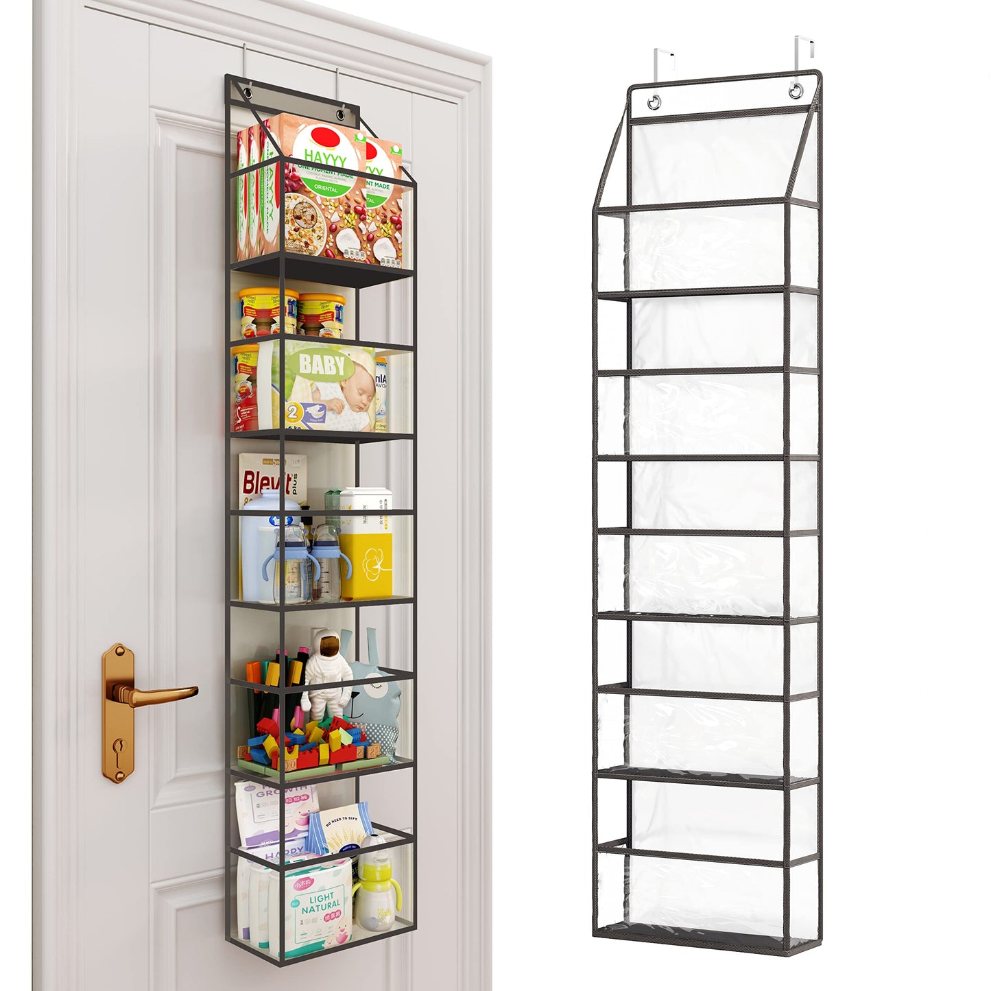 The Door Hanging Pantry Organizer 5-Shelf Room Organizer with Clear Plastic Pockets Behind The Door Storage Organizer Large Capacity Organizer for Closet Bedroom Bathroom (Grey)