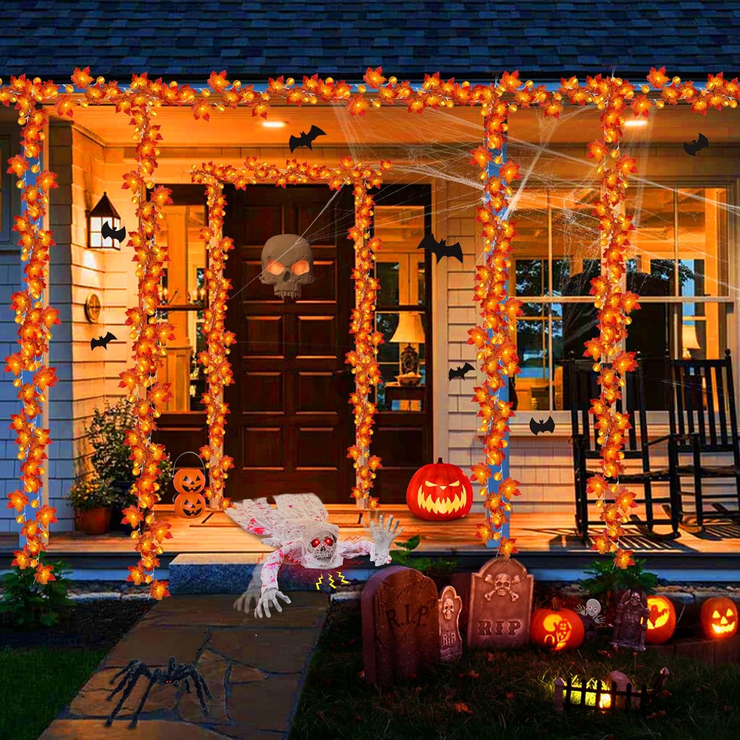 3 Pack Fall Garland with Pumpkin Lights & Enlarged Maple Fall Halloween String Lights Pumpkin Decor, 30Ft 60LED Waterproof Battery Operated Fall Decorations for Home Thanksgiving Decor Indoor Outdoor