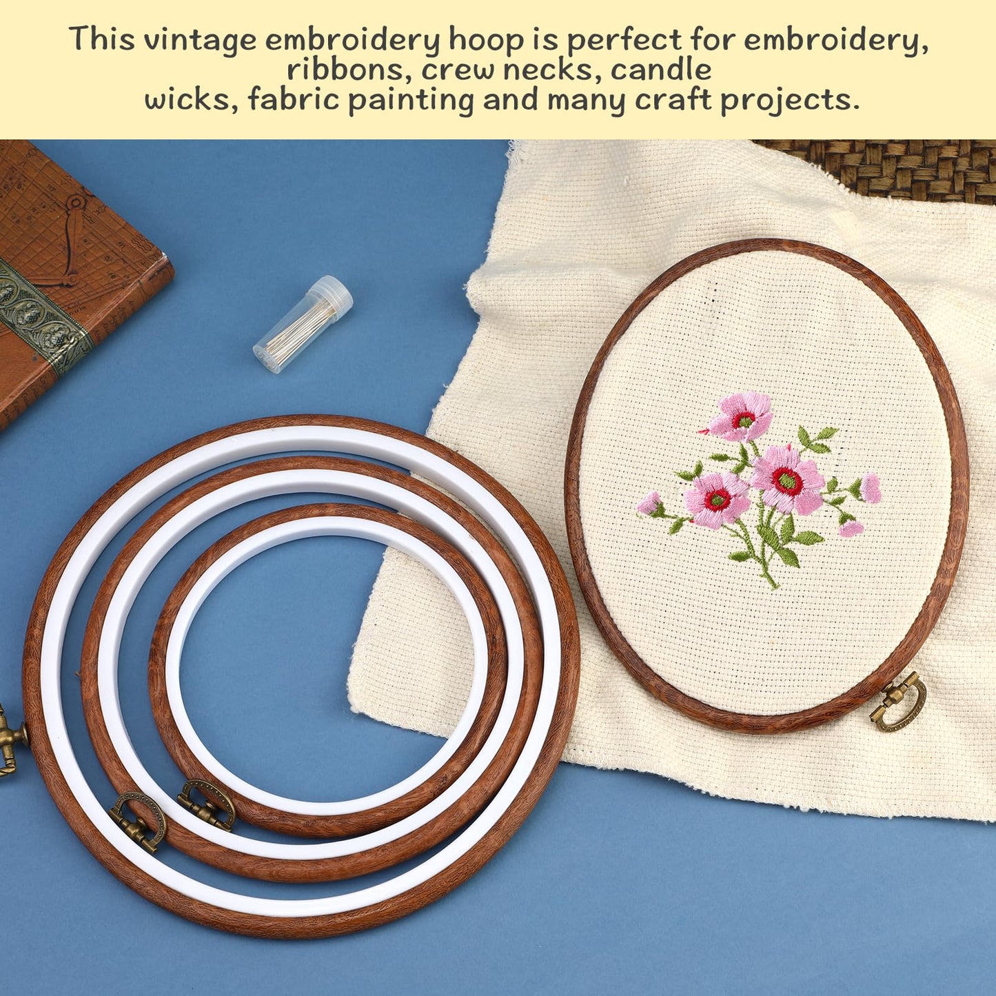 4 Pack Embroidery Hoop Ring, Imitated Wood Display Frame Circle and Oval Embroidery Kits with 30 Pieces Large Eye Embroidery Needles, Quilting Hoop and Cross Stitch Supplies for Sewing and Wall Hang
