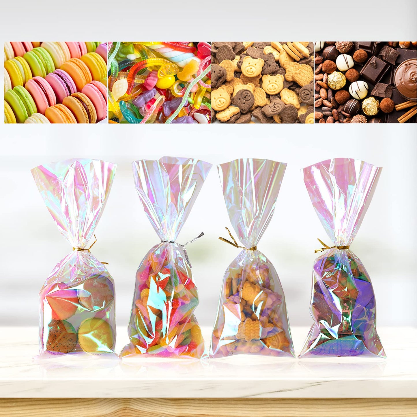 QTOP Cellophane Treat Bags,Iridescent Holographic Goodie Bags, Clear Cello Bags with Twist Ties for Birthday Party Favors, Valentines, Easter, Weddings