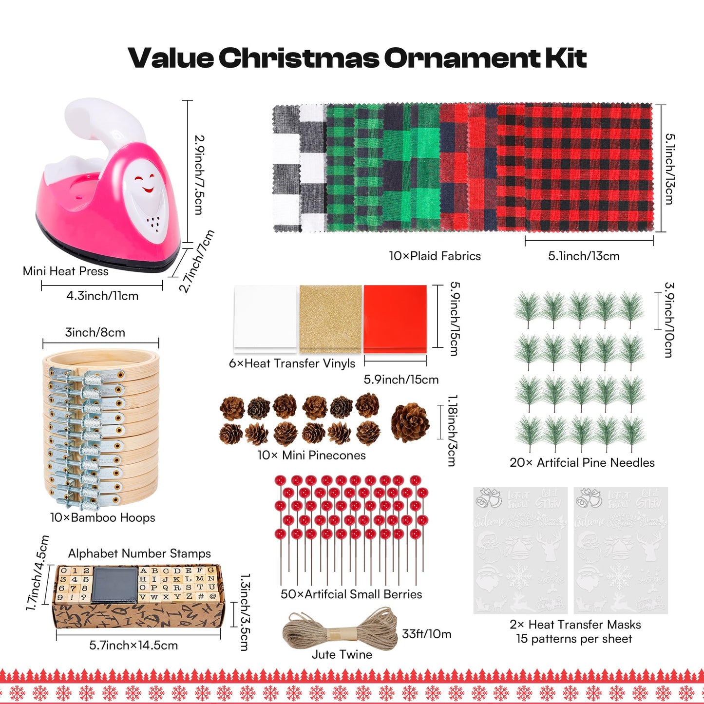 111 Pieces Christmas Ornament Making Kit Including 3 Inch Embroidery Hoops, 5 Inch Squares Plaid Fabric and Pink Mini Heat Press for DIY Christmas Decoration