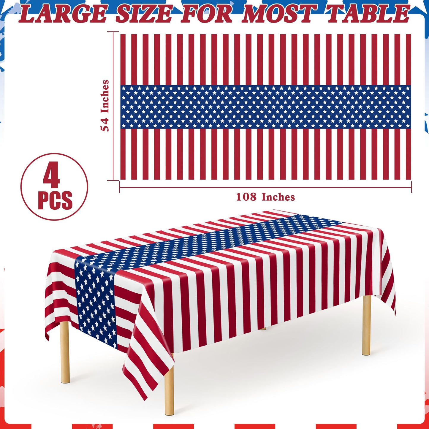 4 Pcs 4th of July Decorations, 108" X 54" Plastic 250th Anniversary 4th of July Tablecloths, Rectangle Red White Blue Tablecloth American Tablecover, Patriotic Table Cover Memorial Day Party Supplies