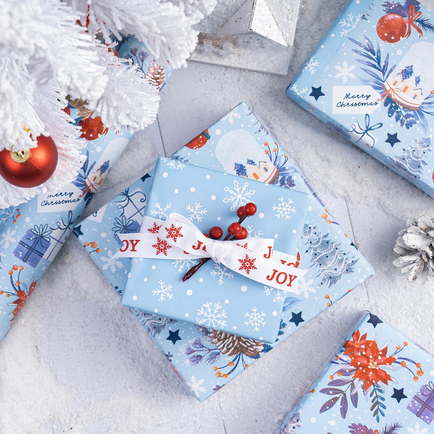 Reversible Christmas Wrapping Paper - Mini Roll - 17 Inch x 33 Feet - Red & Blue Snow Globe, Poinsettias and Snowflake Wrapping Paper for Xmas Holiday, Party Celebration