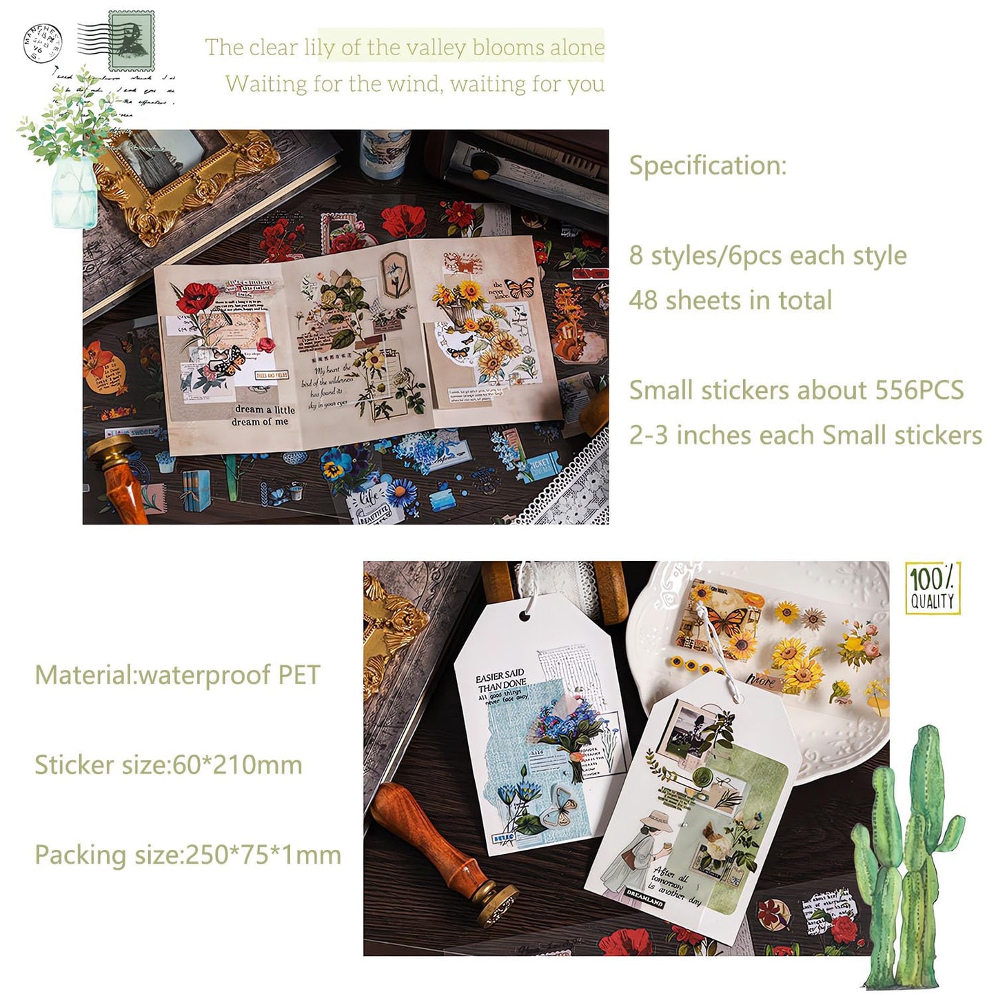 Ptyism 556 Pcs/48 Sheets Stickers for Scrapbooking,Scrapbook Flower Stickers for Scrapbooking Art Journal Bullet Journal Accessories