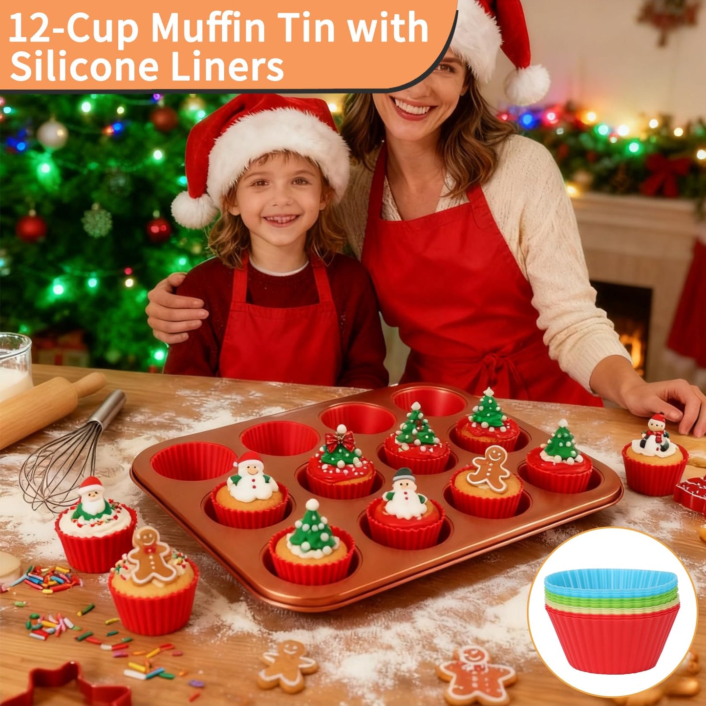 Barlket Baking Pans Set 6-Pieces, Non Stick Bakeware Set Stackable, with Cookie Sheet, Muffin, Round/Square Cake Pan, Loaf Pan, Rack, Oven Mitt for Home Baker, Gold