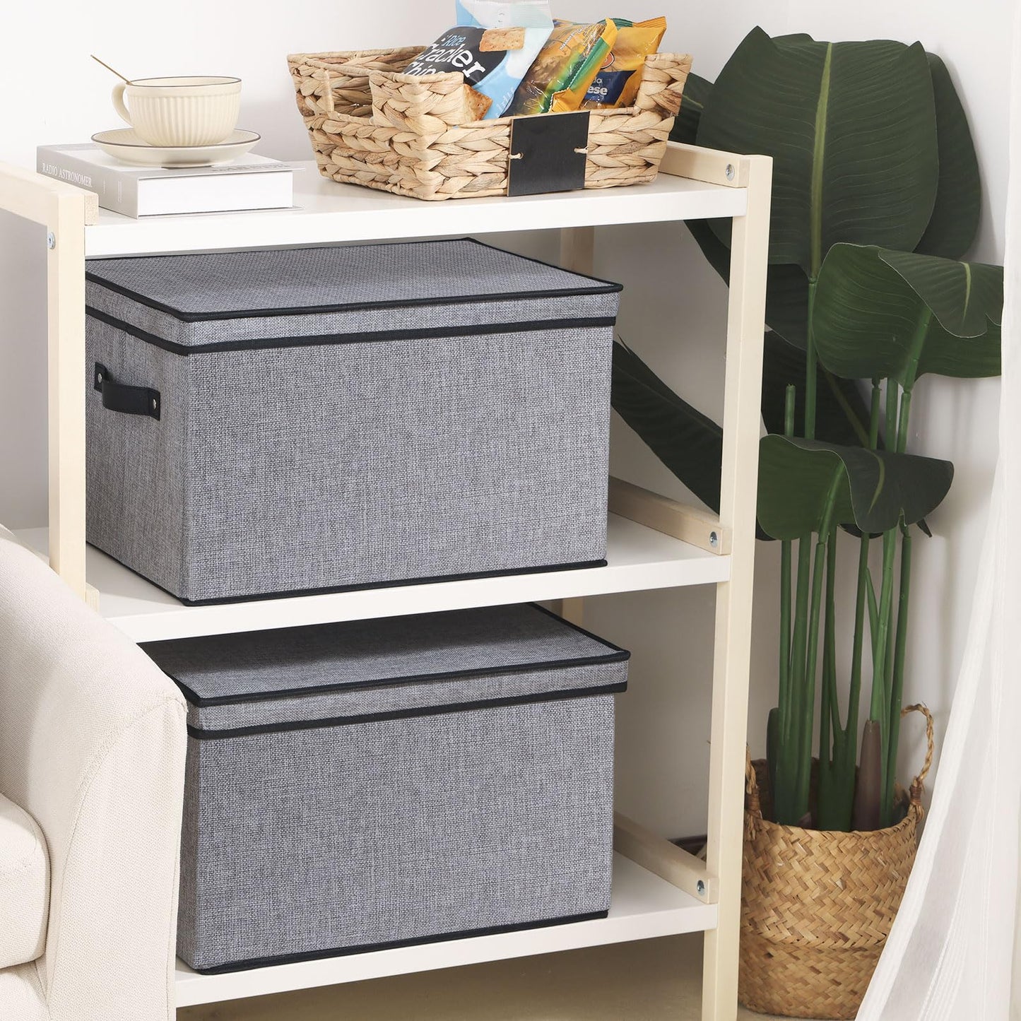 YheenLf Fabric Storage boxes,Storage Baskets for Shelves with Lids, Fabric Storage Bins with Handles, Decorative Linen Closet Organizers Boxes,Small, Gray, 1-Pack