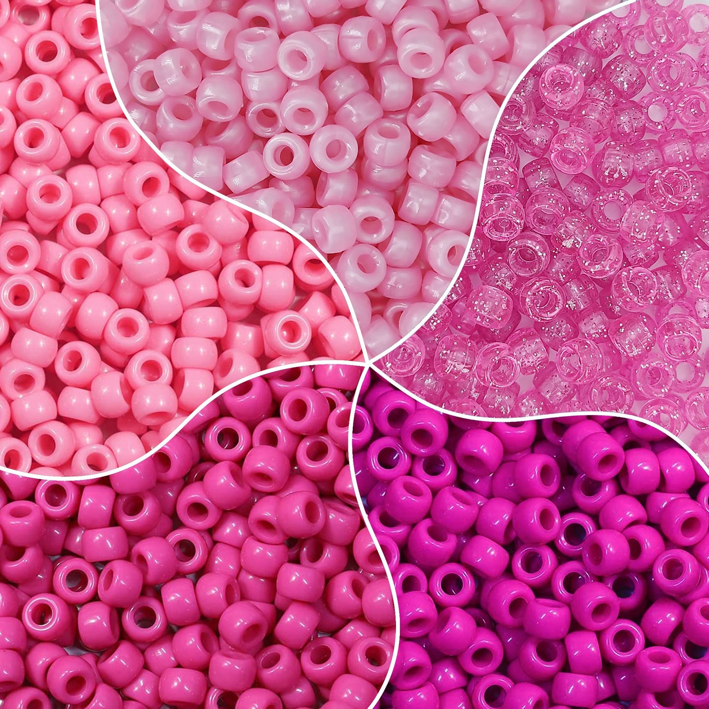 MIIIM 1000PCS 6x9mm Pony Beads Bulk, 5 Styles Pink Pony Beads for Bracelets Making Kit, Kandi, Hair Braids Crafts for Jewelry Making (Pink)