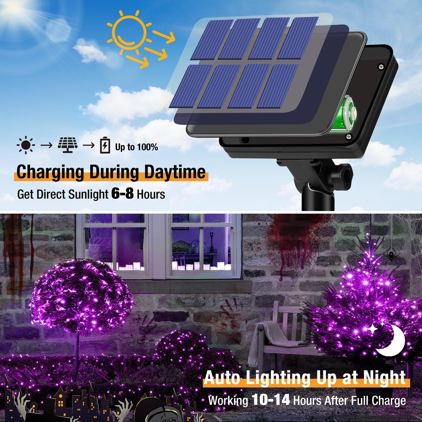 4 Pack Solar String Lights Outdoor - 320LED 132FT Halloween Solar Fairy Lights Outside Waterproof, 8 Modes Purple Solar Powered Twinkle Lighting Decorations for Tree Garden Yard Spooky Patio Party
