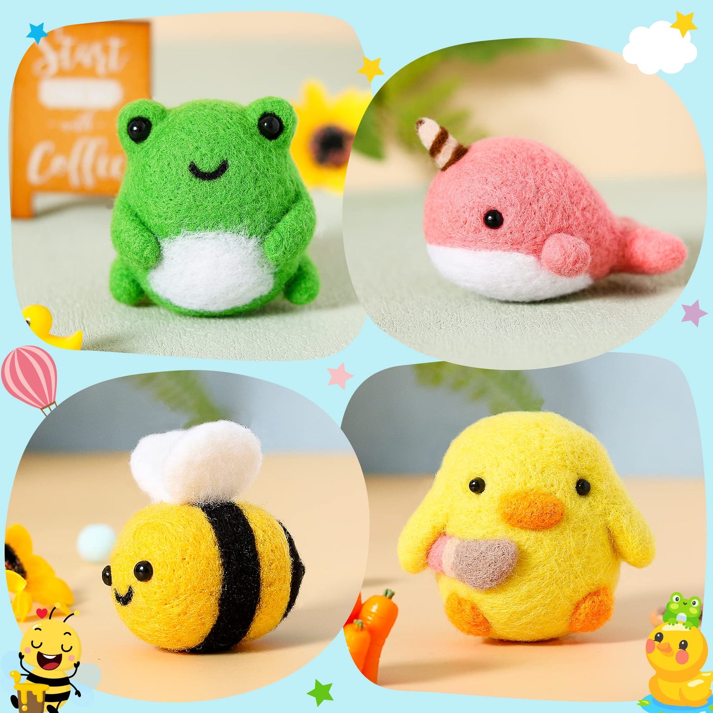 Set of 4 Cute Animal Needle Felting Starter Kit Frog Chick Bee Narwhal Animal Doll Wool Felting Tools Felt Needles Foam Mat DIY Needlework Craft Party Supplies for Beginners Adults