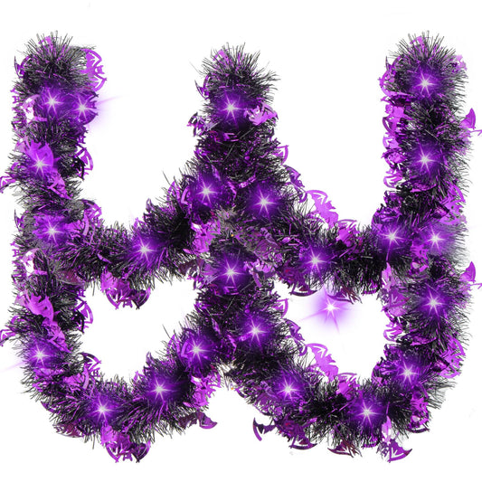 20FT/6M Halloween Tinsel Garland with LED Lights Metallic Twist Tinsel Garland Battery Operted Lighted Foil Hanging Decoration for Halloween Party Decoration Supply