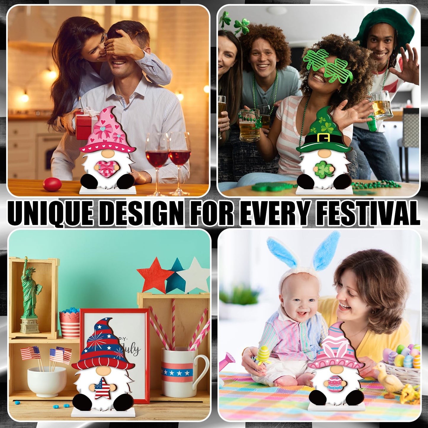 34 Pcs Christmas Interchangeable Wooden Gnome Decor DIY Holiday Christmas Seasonal Tiered Tray Decoration Gnomes with Magnet Pieces Welcome Sign for Xmas Holiday Decorations (Stylish)