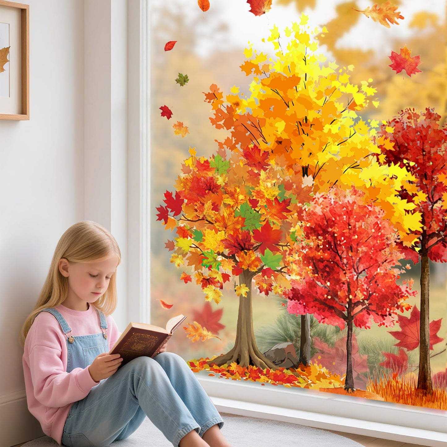 9 Sheets Fall Window Clings Maple Leaves Tree Window Stickers Double-Sided Glass Decals for Autumn Harvest Thanksgiving Home Party Decoration