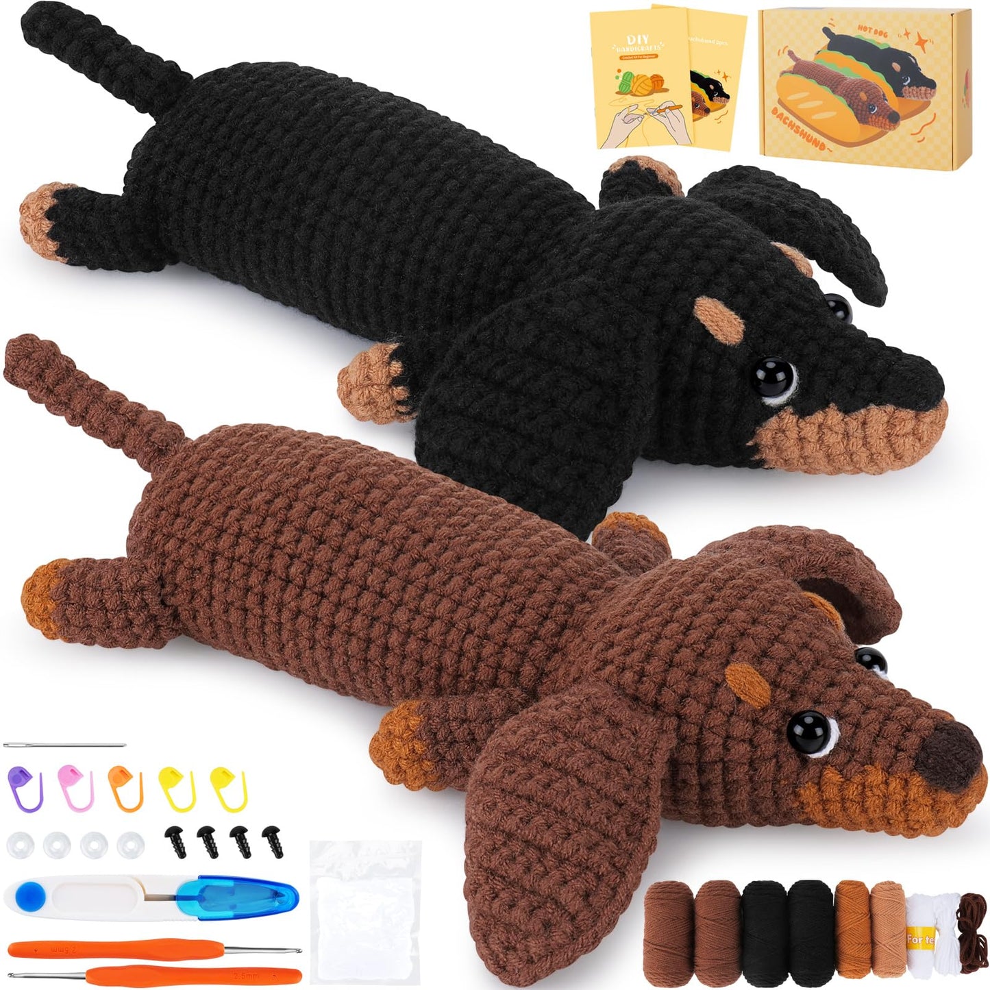 Crochet Kit for Beginners - 2 PCS Dachshund Crochet Kits with Step-by-Step Video Tutorials, Beginner Crochet Kit for Adults Kid, Crochet Animal Kit, Dog Craft Knitting Kit Crochet Gifts