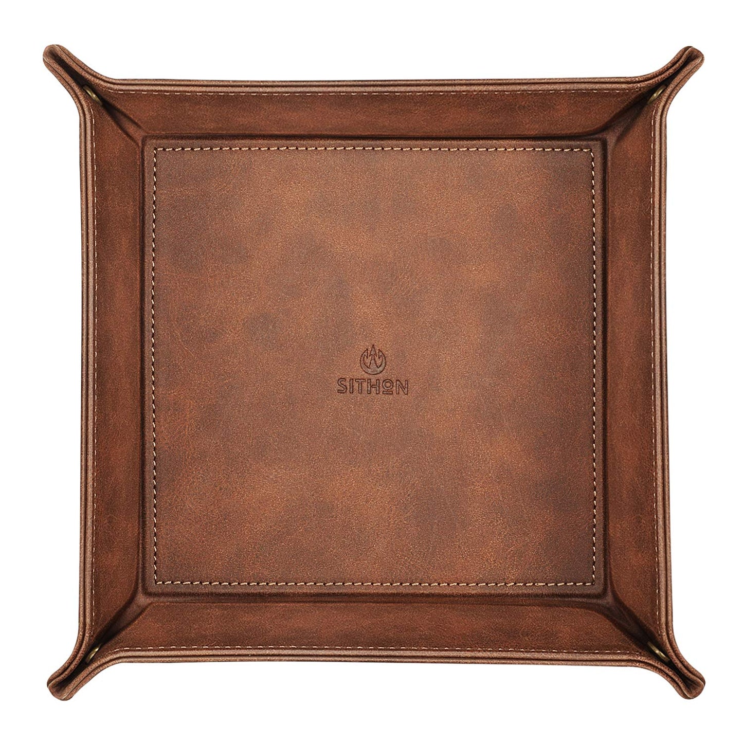 SITHON Valet Tray Desktop Storage Organizer – Premium PU Leather Catchall Bedside Vanity Tray Nightstand Caddy Holder for Remote Controller, Keys, Phone, Wallet, Coin, Jewelry, Brown