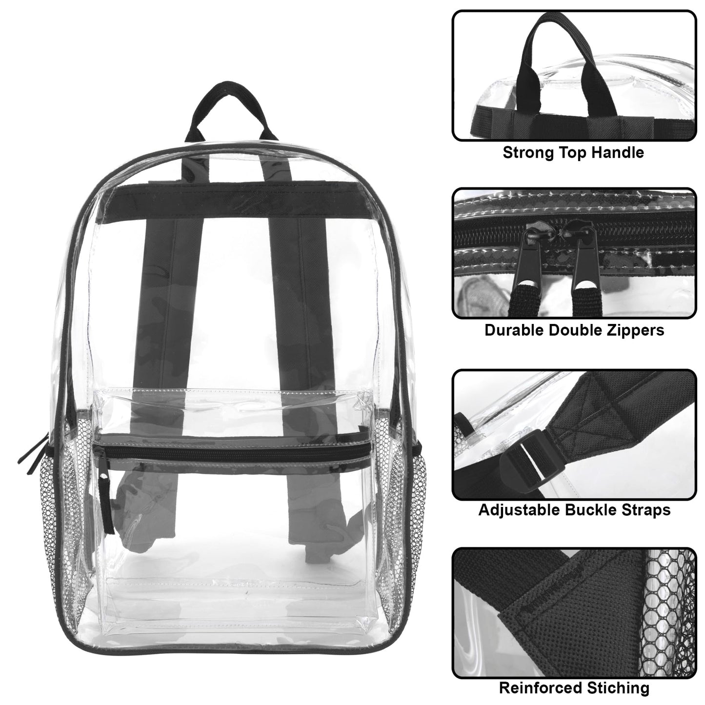 Clear Backpack Heavy Duty Transparent Bookbag for Kids, Boys, Girls, School, Travel, Stadium Approved (Black)