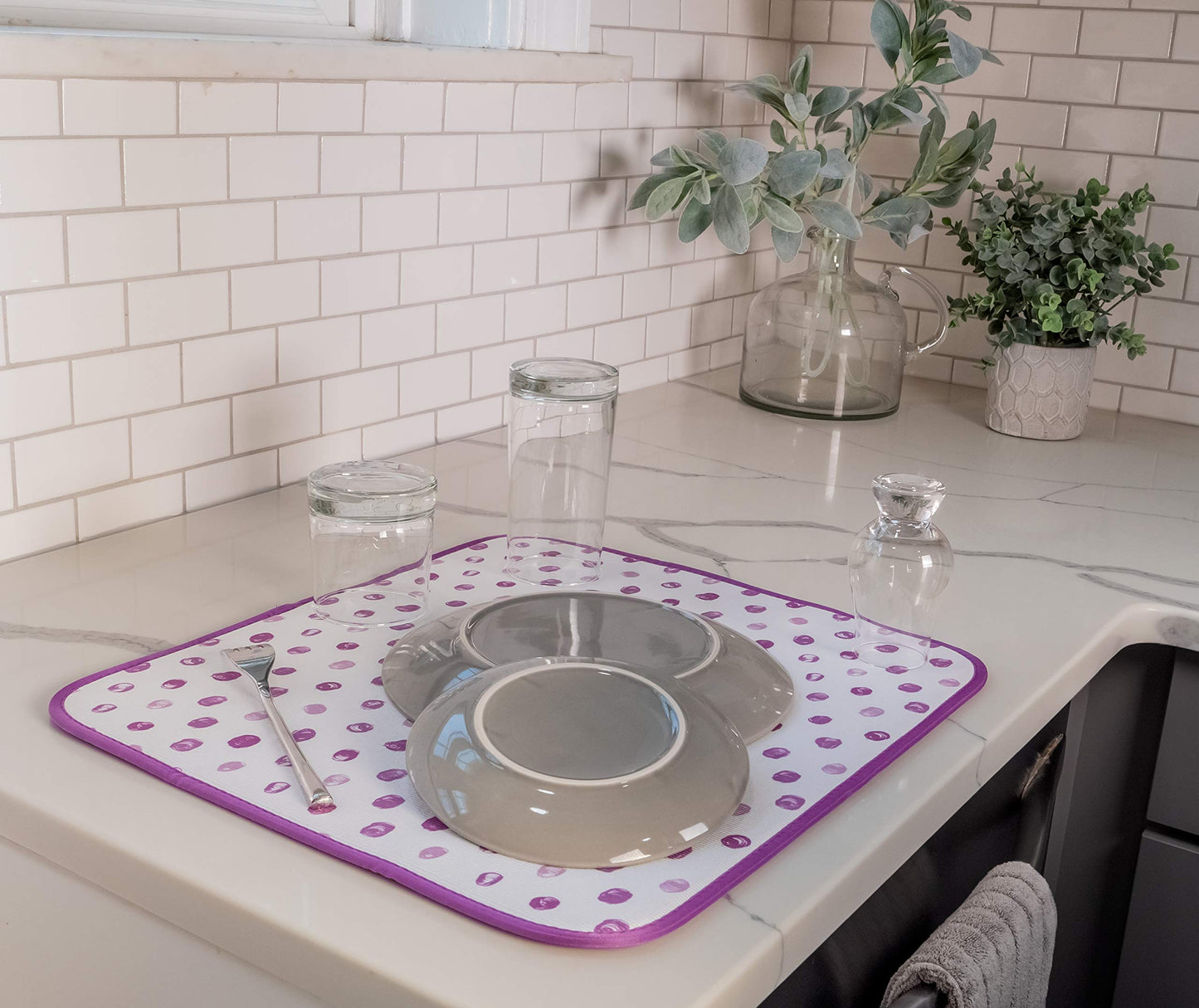Absorbent, Reversible Microfiber Dish Drying Mat for Kitchen, 16 Inch x 18 Inch, Paint Dots