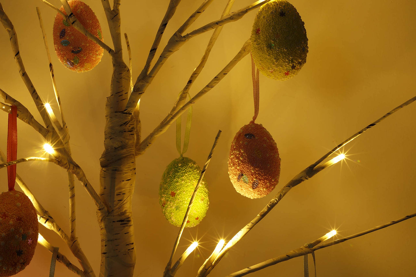 Easter Decorations kemooie 24 Inch Pre-lit White Birch Tree with 10 Hanging Easter Egg Ornaments, 24 Led Lights Battery Operated Easter Table Centerpiece for Party Birthday Home Spring Decoration