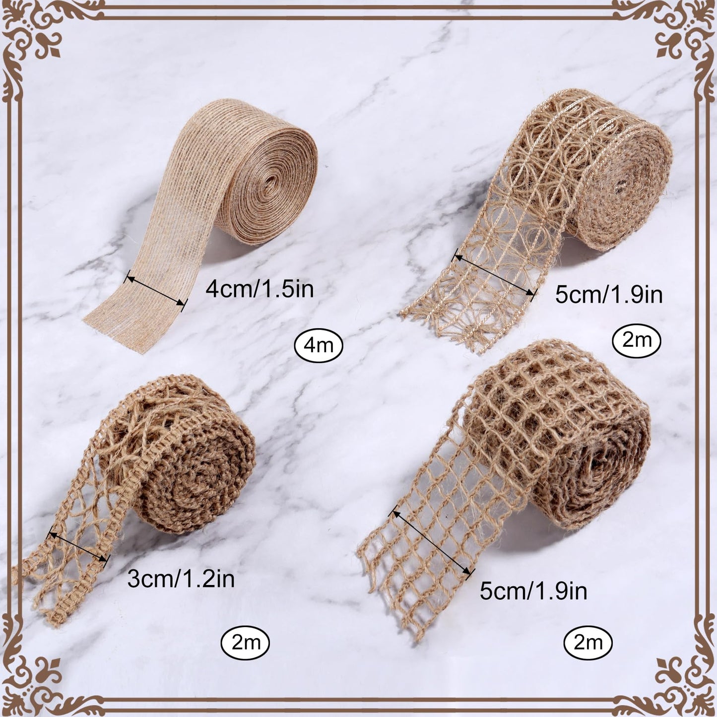 4 Rolls Burlap Ribbon Rustic Jute Mesh Ribbons for Crafts, Craft Ribbon Net Burlap Fabric Ribbon for Gift Wrapping Wedding Tree Wedding Christmas Halloween Decoration (Total Length: 10 Meters)