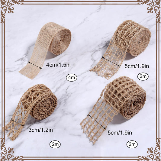4 Rolls Burlap Ribbon Rustic Jute Mesh Ribbons for Crafts, Craft Ribbon Net Burlap Fabric Ribbon for Gift Wrapping Wedding Tree Wedding Christmas Halloween Decoration (Total Length: 10 Meters)
