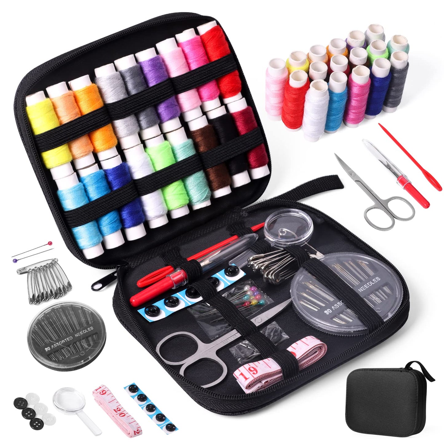JUNING Sewing Kit with Case Portable Sewing Supplies for Mom Grandma Women Men Teen Girls Boys Home Traveler, Adults, Beginner, Emergency, Contains Thread, Scissors, Needles,Measuring Tape and More