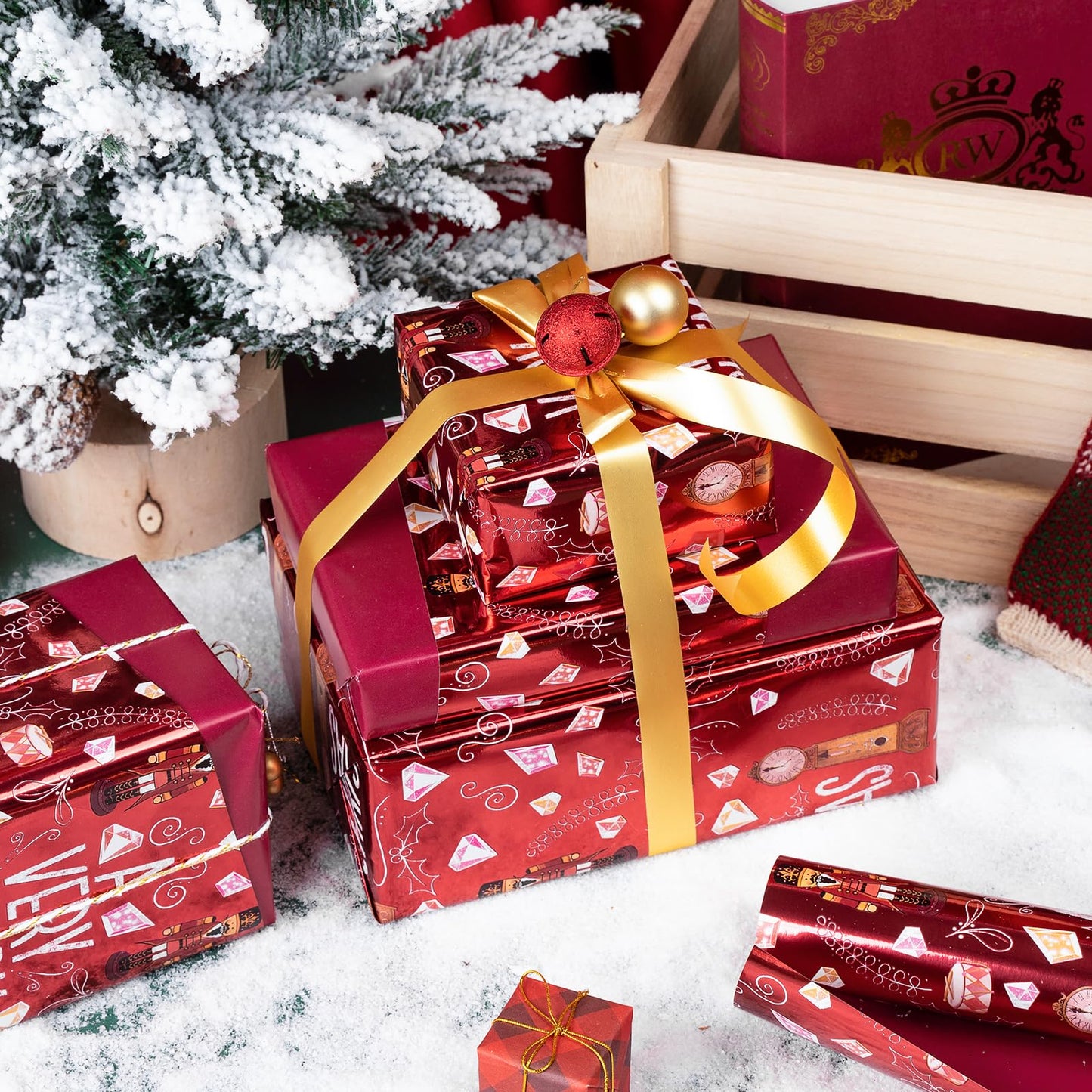 Reversible Nutcracker Christmas Wrapping Paper - Mini Roll - 17 Inch x 33 Feet - Merry Christmas Nutcracker Wrapping Paper with Metallic Foil Shine for Xmas Holiday, Party Celebration