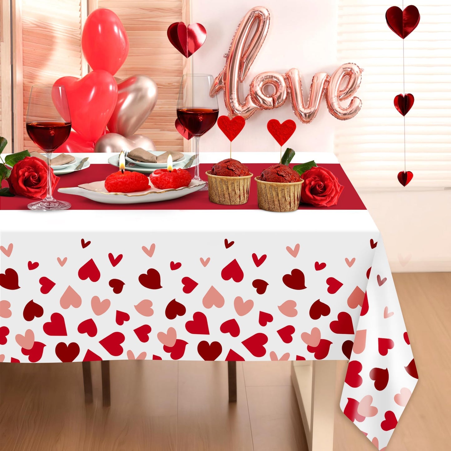2 Pcs Valentines Day Tablecloths for Valentines Day Decorations,54" x 108" Disposable Plastic Tablecloths,Rectangle Heart Table Cover for Party Decorations Mothers Day Anniversary Birthday