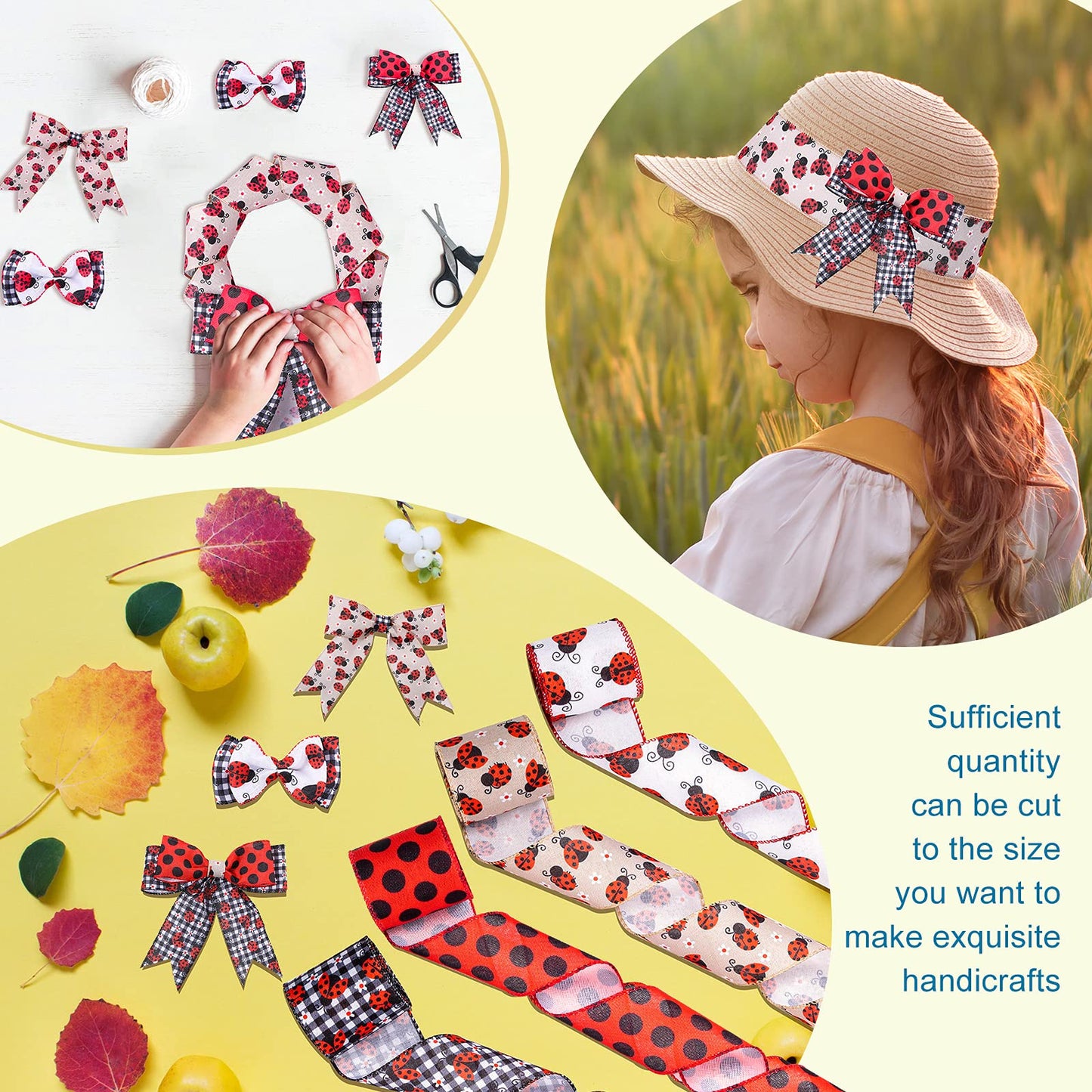 WILLBOND 4 Rolls 2.5 Inch x 24 Yard Ladybugs Ribbons Ladybug Wired Ribbon Red Polka Dot Wired Edge Ribbon for Ladybug Party Decoration