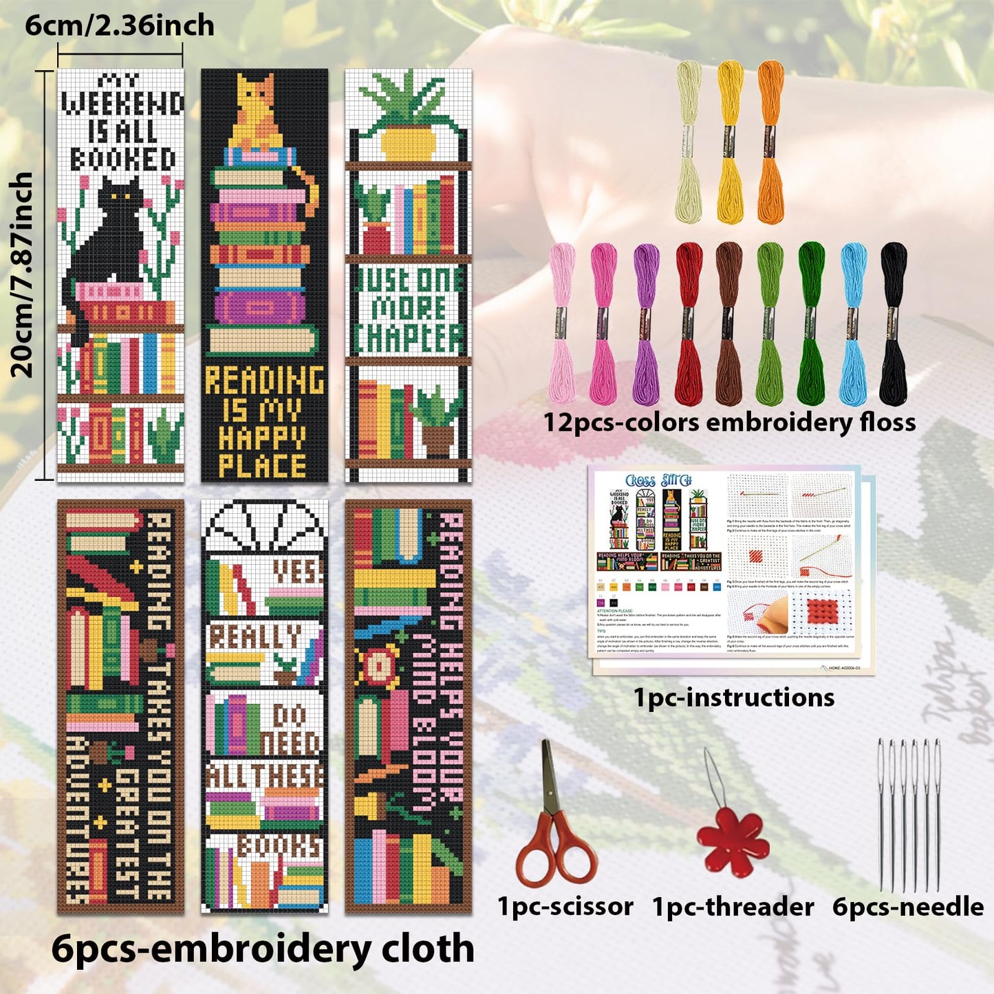 6PCS Cross Stitch Bookmark Kits Bookshelves Words Pattern Counted Cross Stitch Kits for Beginners Adults DIY Stamped Embroidery Bookmarks with Instructions Hand Embroidery Craft Gift