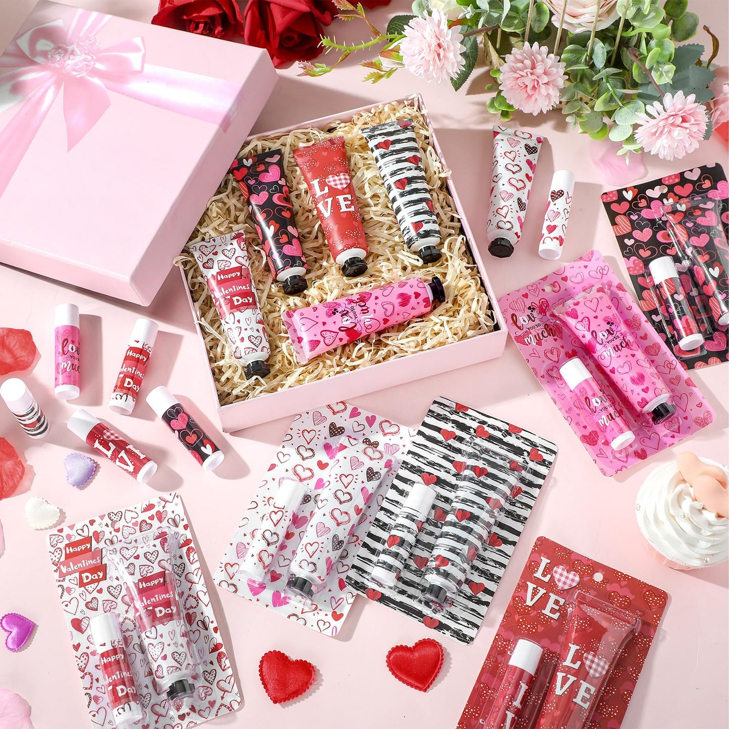 12 Sets Valentine‘s Day Hand Cream Lip Balm Bulk Gifts Galentine's Day Gift Valentine Party Favor Love Heart Travel Size Moisturizing Hand Lotion for Women Coworker Teacher Nurse, 30 ml